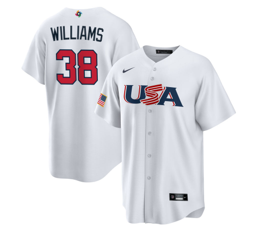 Men's USA Baseball #38 Devin Williams 2023 White World Baseball Classic Replica Stitched Jersey